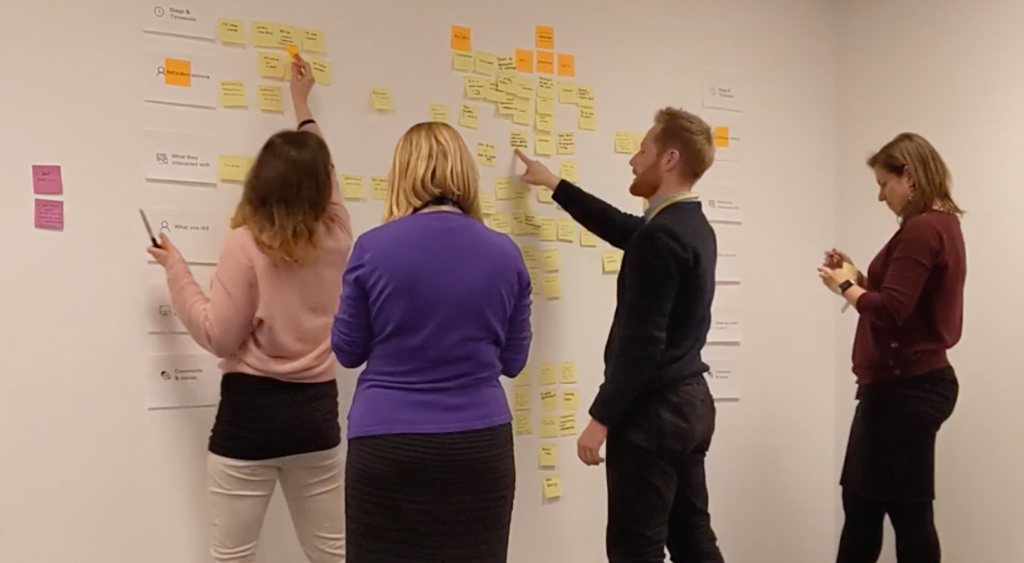 Image shows four people interacting with post it notes on a large wall