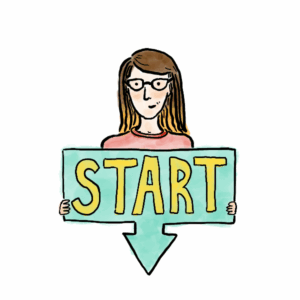 Drawing of a woman holding a sign saying 'start'