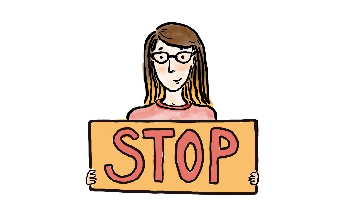 Drawing of a person holding a placard that reads, "Stop"