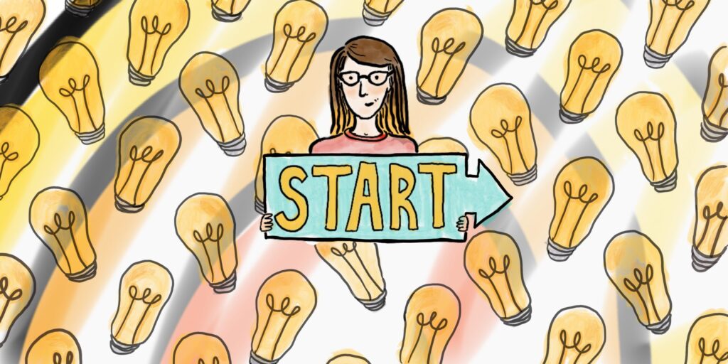 Drawing of a person holding a placard that reads, "Start". In the background behind the person there are lots of lightbulbs lit up.