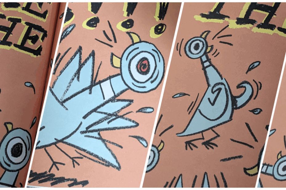 Image shows a collection of close-up photos of the page of a book. The pages show a handdrawn pigeon. The drawing indicate that the pigeon is shouting and moving his body in frustration.