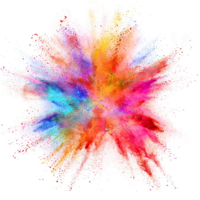 Image is decorative. It shows a burst of coloured powder as if the sack it was in burst, or as if a large handful of powder was thrown towards the camera. The powder is spreading out in all directions in all different colours.