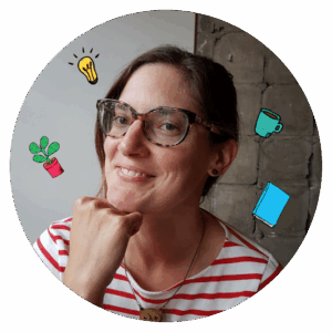Portrait of Lou Shackleton - a woman with long hair and glasses with some added illustrations of a lightbulb, mug, plant, and notebook.