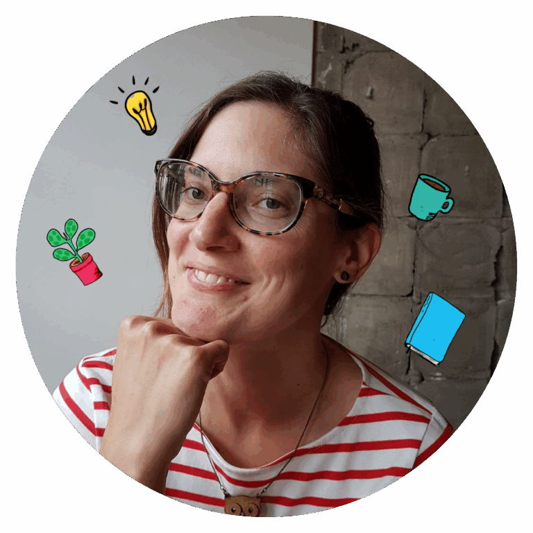 Portrait of Lou Shackleton - a woman with long hair and glasses with some added illustrations of a lightbulb, mug, plant, and notebook.