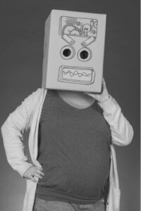 photo of mel findlater wearing the Robot of Mediocrity's head