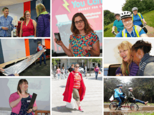 A collage of photos from You Can Hub experiences including people talking, laughing, riding bikes, and playing with tin foil